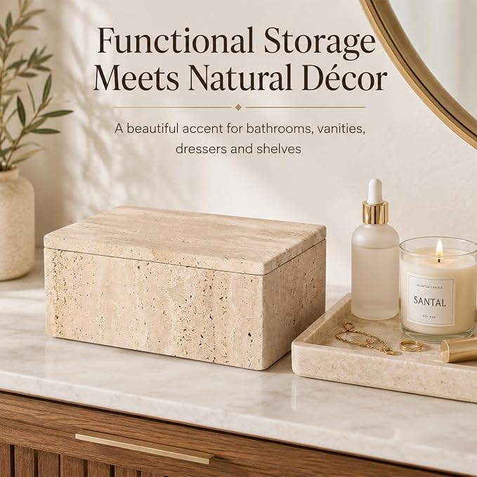 Natural Travertine Rectangular Box with Lid | Natural travertine box for jewelry, makeup pads, clips and dry small vanity essentials.