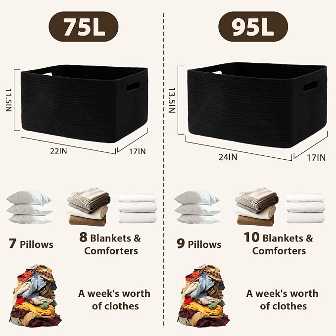 Optish 75L Blanket Basket, Large Woven Baskets for Storage, Blanket Storage for Living Room, Rope Basket with Handles for Bedroom, Nursery, Toys, Clothes, 22” x 17” x 11.5”, Black