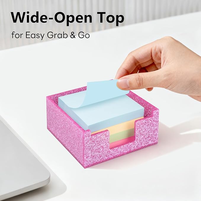 Acrylic Sticky Note Holder 4x4in Tray for Desk, Rose Pink Glitter | Sparkling glitter acrylic tray, fits 3x3 sticky notes, compact organizer for office school and home