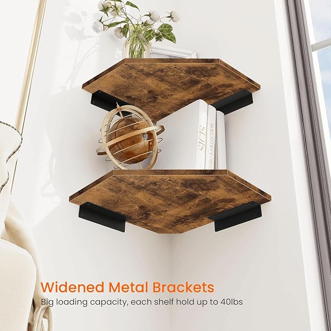 Homode Corner Shelf Wall Mount, Set of 2 Floating Corner Shelf Organizer for TV Accessories, Speaker, Cable Box, Game Console, Storage for Bathroom Kitchen Living Room Bedroom, Rustic Brown