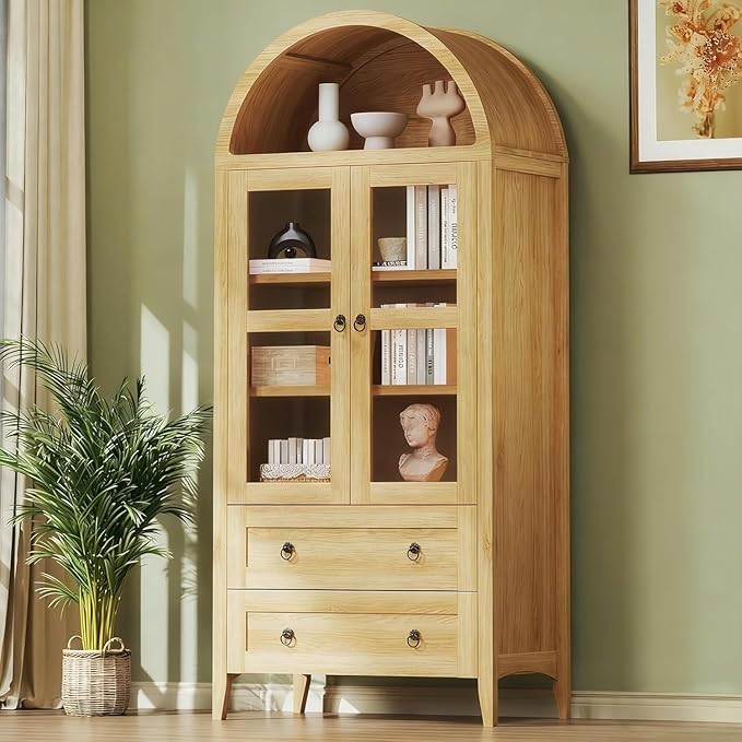 HUAHUU 71" Tall Pantry Cabinet, Arched Cabinet, Kitchen Storage Cabinets with 2 Large Drawers & Adjustable Shelves & Glass Door for Living Room, Kitchen, Dining Room, Natrual