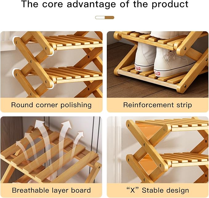 Bamboo Foldable Shoe Rack, 9 Tier Portable Shoe Storage Rack, Multi Functional Narrow Vertical Shoe Racks, Shoe Shelf for Entryway, Corner, Bedroom, Hallway, Balconies, Small Space