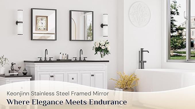 Keonjinn 16 x 20 Inch Small Stainless Steel Framed Mirror, Matte Black Bathroom Mirrors for Over Sink, Anti-Rust, Curved Edge, Shatter-Proof Tempered Glass, Square Rectangle Bathroom Vanity Mirror