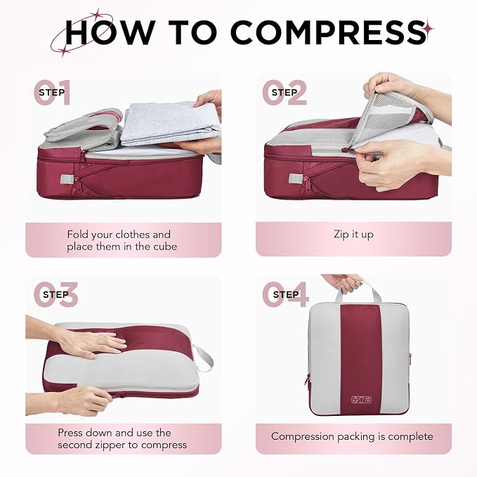 OlarHike 10 Set Compression Packing Cubes for Travel Essentials,Compressible Expandable Space Saver Bags for Organizing Clothes,Luggage Suitcase Garment Bags with Over 1000 pcs Mesh Holes(Wine Red)