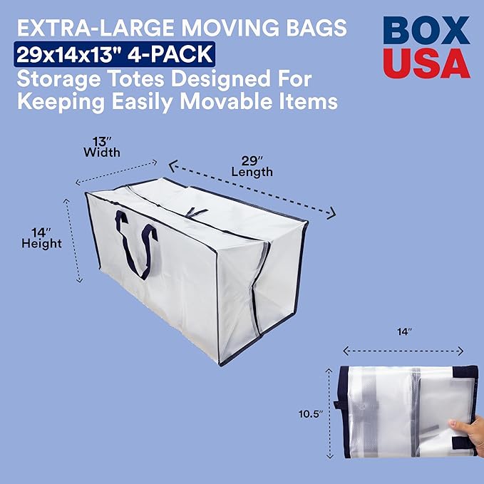 BOX USA 4-Pack Moving Bags with Strong Handles & Zippers - Heavy Duty Extra Large Packing Bags for Storage, Moving Boxes, Dorm & College Supplies, Clear