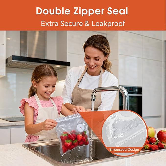 Reusable Vacuum Sealer Bags 25 Pack (8.7"x8.3") with 5 Clips, BPA-Free Vacuum Zipper Bags for Food Storage, Freezer & Sous Vide Cooking, Compatible with Food Saver Vacuum Sealers