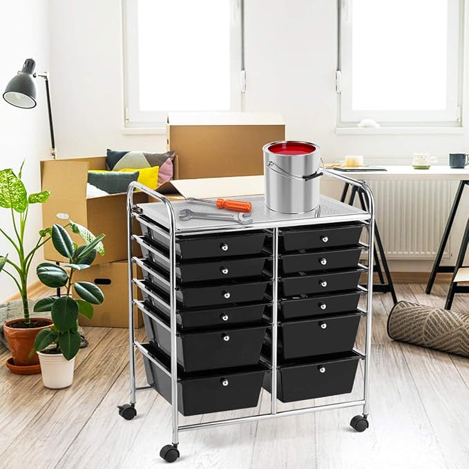 DREAMADE Rolling Cart with Storage Drawers, Utility Cart with Removable Plastic Drawers, Lockable Wheels, Art Cart for Classroom Organization Art Supplies Office Scrapbook (12 Drawers, Black)