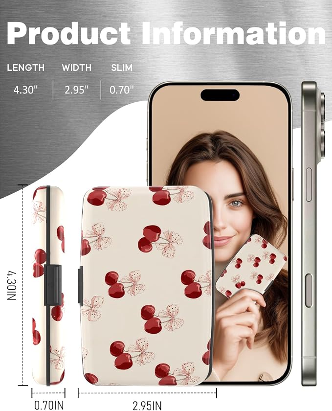Maicican Credit Card Holder, Mini RFID Blocking Aluminum Wallet | Slim Metal Hard Case Travel Wallet ID Case for Women and Men, 4.3 x 2.9 Inches, Polka Dot Bow Cherry
