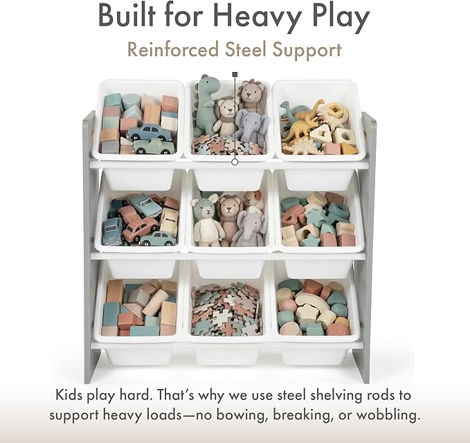 Humble Crew Toy Storage Organizer with 9 Removable Storage Bins for Kids Playroom, 3-Tier Toddler Toy Organization and Storage, Grey/White