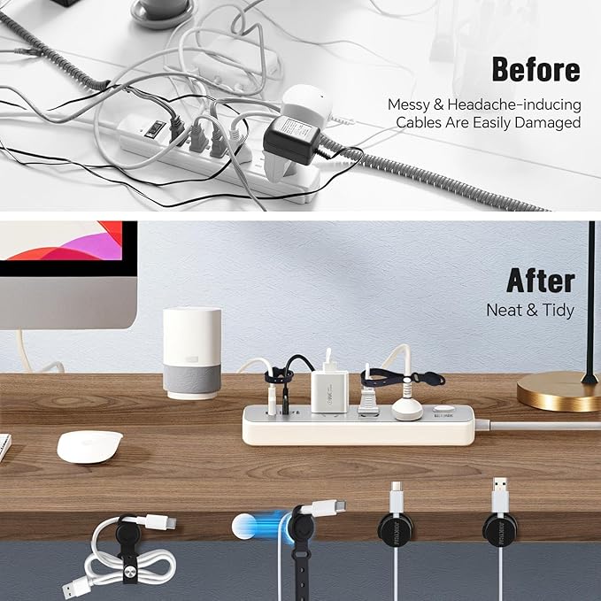 6 Desktop Cord Organizer Rotatable Spring 5 Magnetic Cable Clips Cord Holder for Nightstand Phone Charger Organizer Computer Desk Cable Management Electronics Appliance Adhesive Wire Strap Keeper Tie