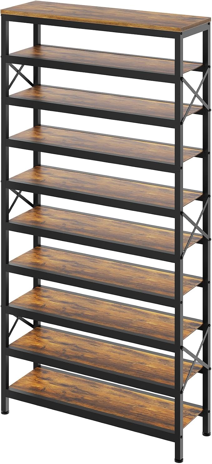 YATINEY 10-Tier Tall Shoe Rack Organizer, Wooden Shoe Storage for Closet Holds 40 Pairs, Sturdy Shoe Shelf with X-Shaped Metal Support, for Entryway, Bedroom, Rustic Brown and Black SS210BR