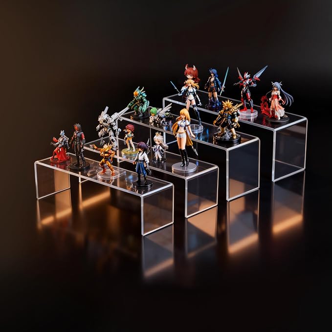 Acrylic Display Riser Stand,12'',4Pc Tiered Shelf Risers for Figurines | Clear 5mm Thick plastic steps rack matching perfume, cupcake, jewelry, pop collectibles. Stackable food buffet table setup