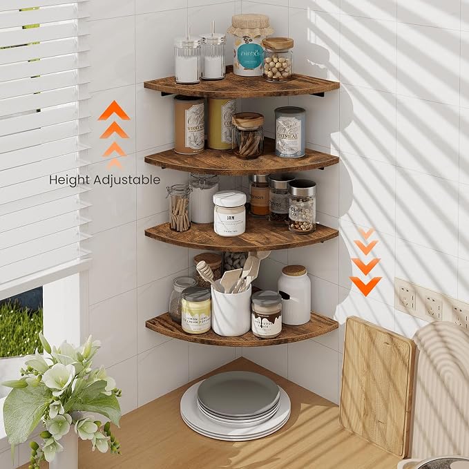Homode Corner Wall Shelf, 12 Inch Wide Wooden Corner Floating Shelves with Cord Hole, Set of 4 Round Corner Hanging Storage Shelving for Bathroom Living Room Small Spaces, Rustic Brown