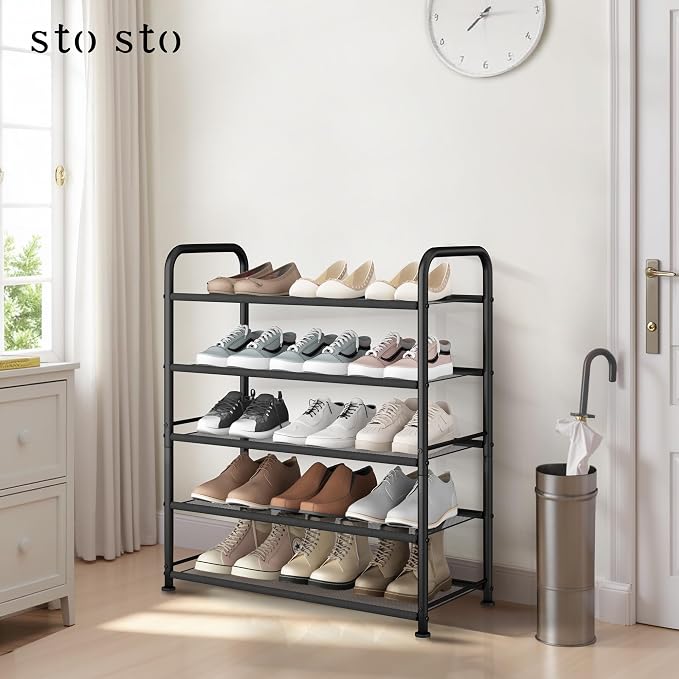 STO STO 5-Tier Shoe Rack with Sturdy Mesh Shelves, Heavy Duty Metal Shoe Organizer for Entryway, Closet, Garage, Front Door, Holds 15 Pairs, Free Standing Shoe Storage Shelf, Adjustable Feet, Black