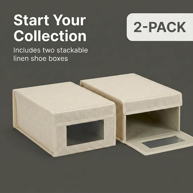 Household Essentials Small Drop Front Shoe Box with Clear Front Panel, Sturdy Poly‑Blended Linen, Cream Finish, Set of 2