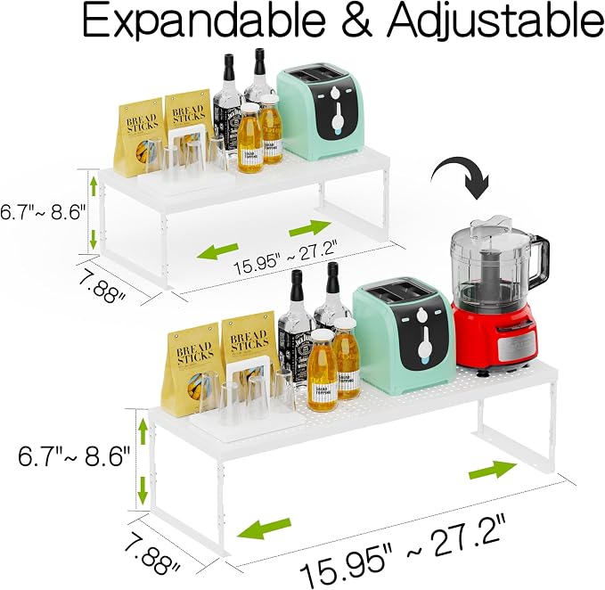 Jojocross Adjustable Stackable Metal Storage Shelf Organizer - Expandable Wire Rack with Perforations for Kitchen, Pantry, Bathroom, Cabinet & Office-Compact, Durable & Sturdy (2PACKS/Medium/White)