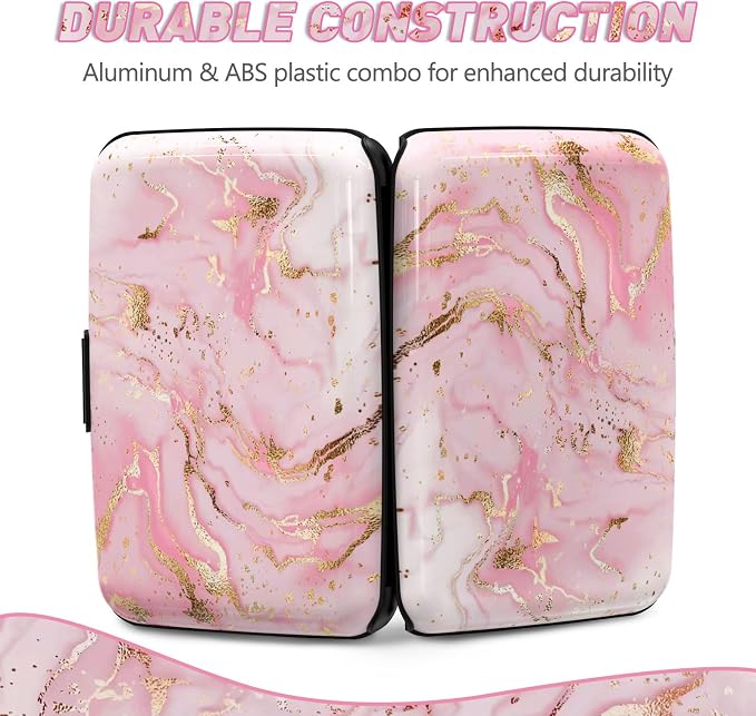 ToLuLu Credit Card Holder, Pink Marble Mini RFID Small Aluminum Card Wallet | Blocking Slim Metal Business Card Case, RFID Blocking Front Pocket Wallet Hard Case Durable CC Holder for Women Girl