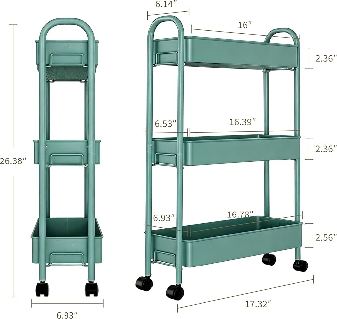 Slim Rolling Cart, Metal Frame Utility Rolling 3-Tier Narrow Storage Cart with Handle Kitchen Storage Organizer, Mobile Shelving Unit for Bathroom Kitchen