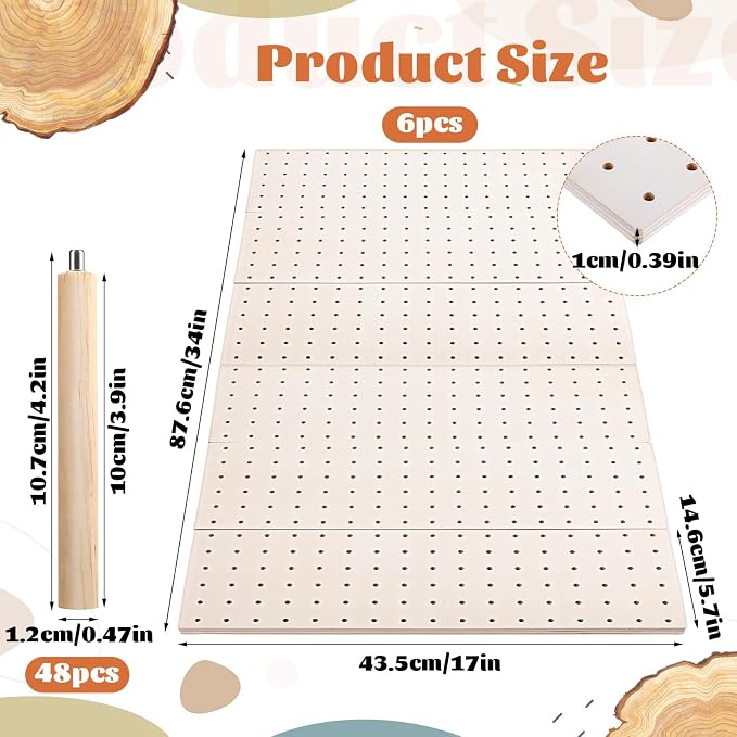 6 Pcs Wood Pegboard Drawer Organizer with 48 Pegs, 17.1 × 5.7 Inch Wooden Drawer Pegboard Organizer Adjustable Wood Peg Board Drawers Organizers for Kitchen, Plates, Cookware, Food Containers