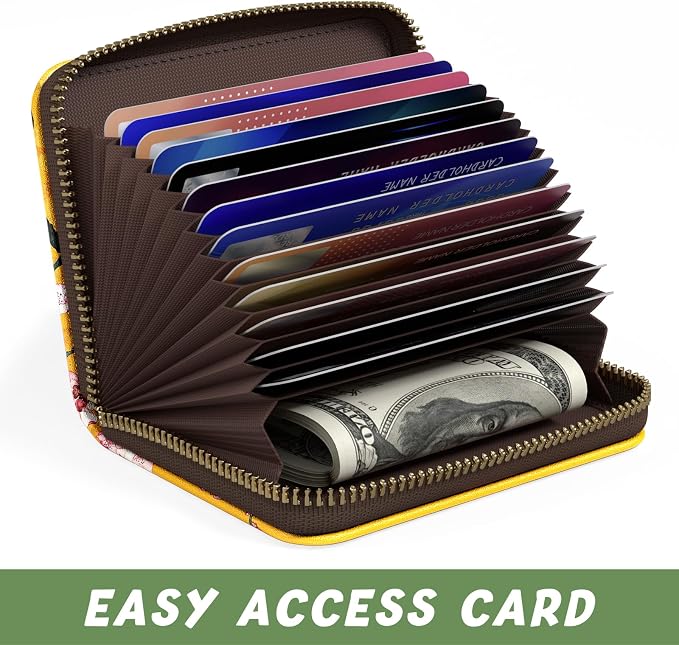 Aiawoxc Credit Card Holder, Small RFID Wallet Slim Leather Card Organizer Case with Zipper and Keychain, Beauty Flowers