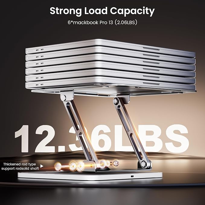 JOYEKY Adjustable Laptop Stand with RGB Lighting,Aluminum Ergonomic Computer Stand with 360° Rotating Base,Foldable & Portable Laptop Riser, Suitable for All 10-16” Laptops (Grey)