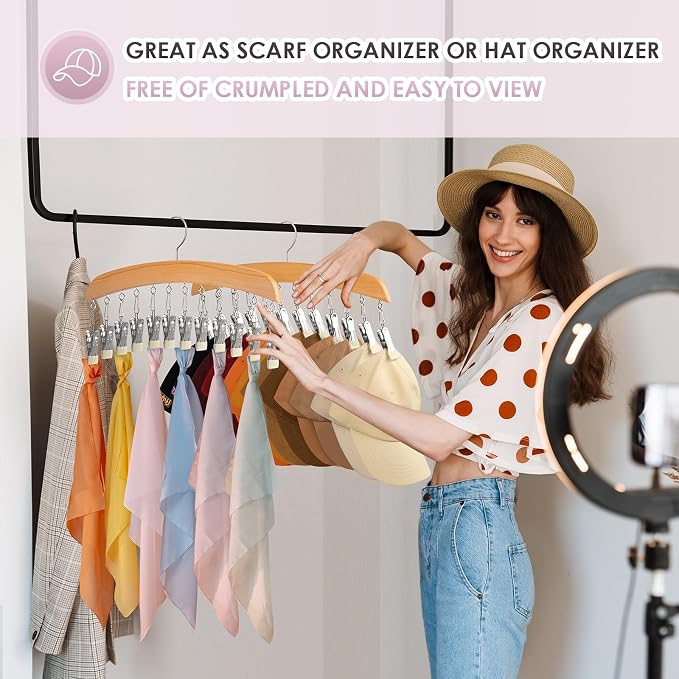 MEILIDY Wooden Leggings Hangers, Scarf Hangers for Closet, Burlywood, 2 Pcs | 24 Clips, 360° Swivel Hook, Hanging Storage Organizer for Scarves, Pants, Hats, Skirts, Bras, Camisoles, Tank tops, Gloves