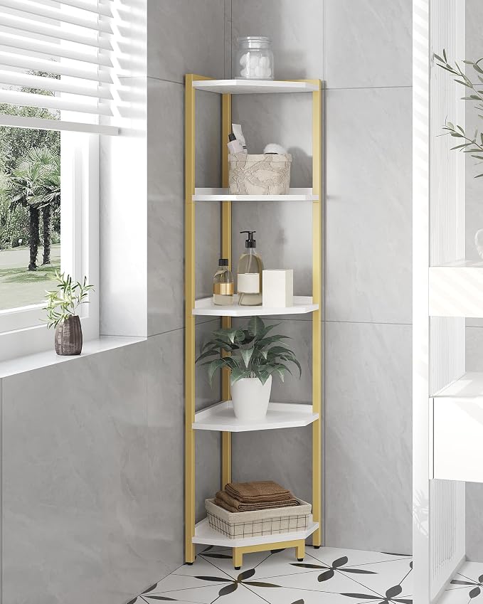 Hzuaneri Corner Shelf Stand, Corner Bookshelf, Storage Standing Shelf Unit with Metal Frame, Plant Stand, Bookcase for Living Room, Home Office, Bedroom, 5-Tier White Gold CS05903A
