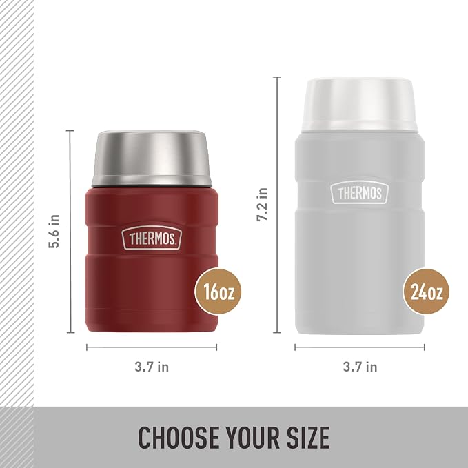 THERMOS Stainless King Vacuum-Insulated Food Jar with Spoon, 16 Ounce, Matte Red