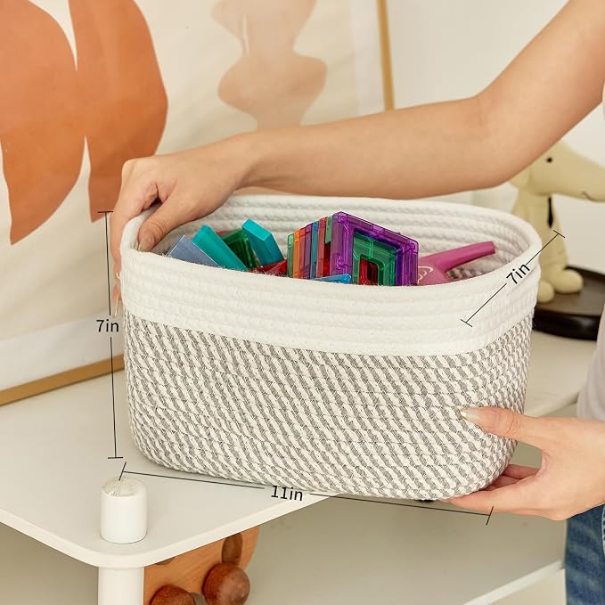R RUNKA Small Cotton Rope Basket – Storage Bin for Organizing (10.6" x 6.7" x 6.7"), Bathroom Storage Basket for Shelf, Counter & Closet（White & Mixed Grey）