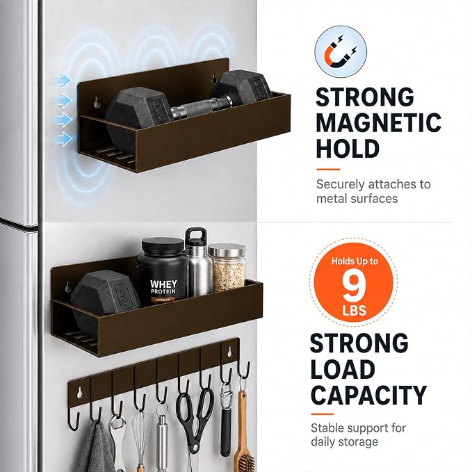 SMRCAD Metal Magnetic Spice Rack 4 Pack with Hook – Heavy-Duty | Iron construction, dust-resistant, fits condiment bottles, includes screws for optional wall mount
