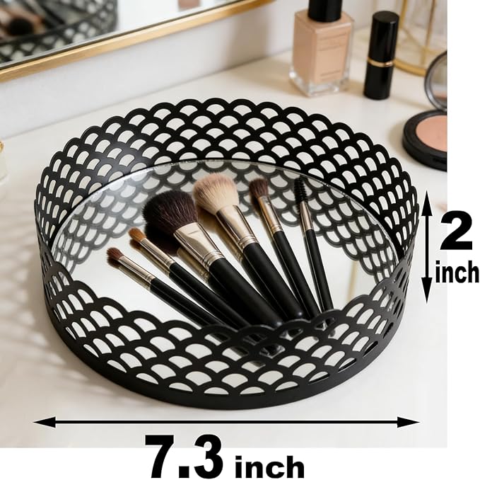 Black Metal Decorative Tray with Mirror Base - Round Vanity Tray for Makeup Brushes, Jewelry, Perfume, and Home Décor(7.3”X2”)