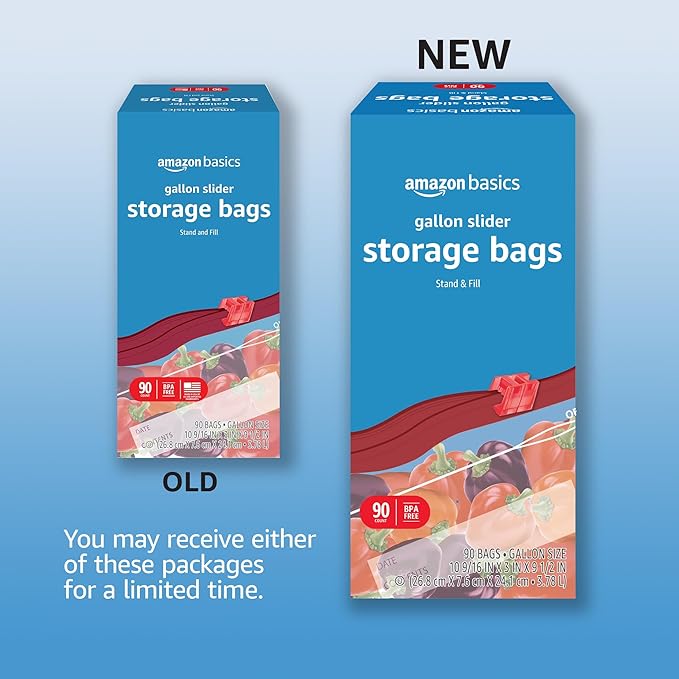 Amazon Basics Slider Gallon Food Storage Bags, BPA Free, Stand-Up Bottom, Easy to Fill, 90 Count