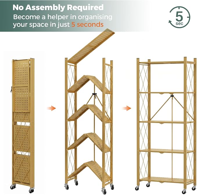 DEANIC 5-Shelf Folding Bookcase with Wheels, Rolling Bookshelf Heavy Duty Storage Shelves, Freestanding Metal Wire Shelving Unit for Living Room, Office, Kitchen, Basement, Pantry (Gold)