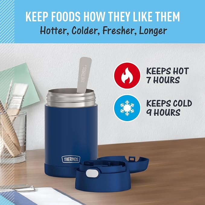 THERMOS FUNTAINER Insulated Food Jar – 16 Ounce, Navy – Kid Friendly Food Jar with Foldable Spoon