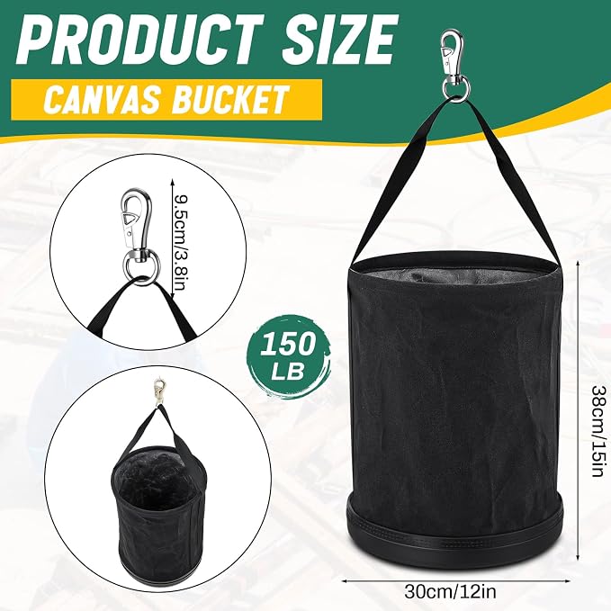 4 Pack Canvas Bucket 15" x 12" Heavy Duty Lineman Tool Bag with Plastic Bottom & Metal Hook Electrician Tool Organizer for Jobsite Use, Load Rated up to 150 Pounds (Black)