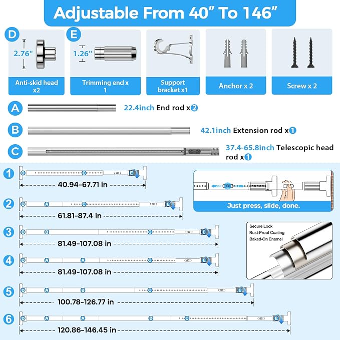 AIZESI 41-144 Inch Heavy Duty Silver Tension Curtain Rod - No Drilling, Adjustable, Rust-Proof for Outdoor, Living Room, Bathroom