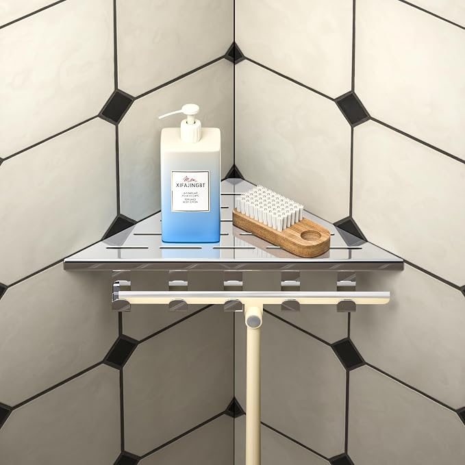 10‘’ Corner Shower Shelf | 304 Stainless Steel Shelves for Bathroom, Grout in Shelf with Hooks for Tiled Wall (Polished)
