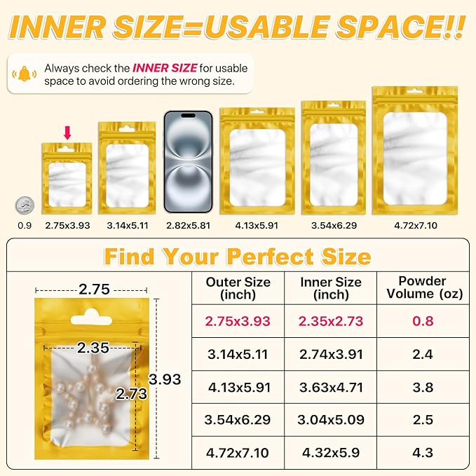 100 PCS Resealable Mylar Bags with Frosted Clear Window Smell Proof Packaging Bags Foil Pouch Zip Treat Bag for Food Self Sealing Storage Supplies (Golden, 2.75×3.93)