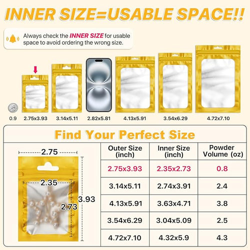 100 PCS Resealable Mylar Bags with Frosted Clear Window Smell Proof Packaging Bags Foil Pouch Zip Treat Bag for Food Self Sealing Storage Supplies (Golden, 2.75×3.93)