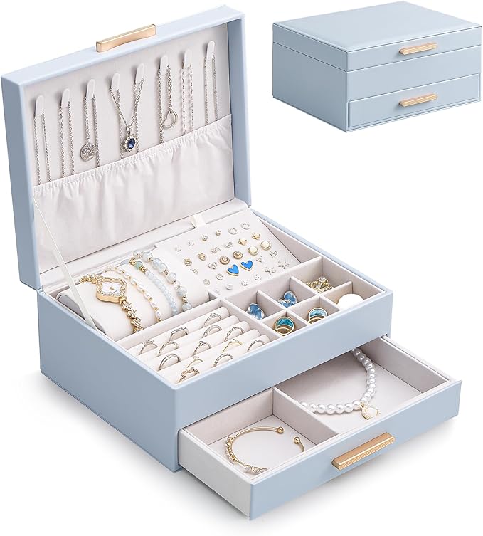 Lolalet 2-Layer Jewelry Box Organizer Holder for Women Girls Mom -Blue | Jewelry Storage Case with Drawers for Necklaces Ring Earrings Bracelet Watch, Gifts Choice for Mom Mother’s Day
