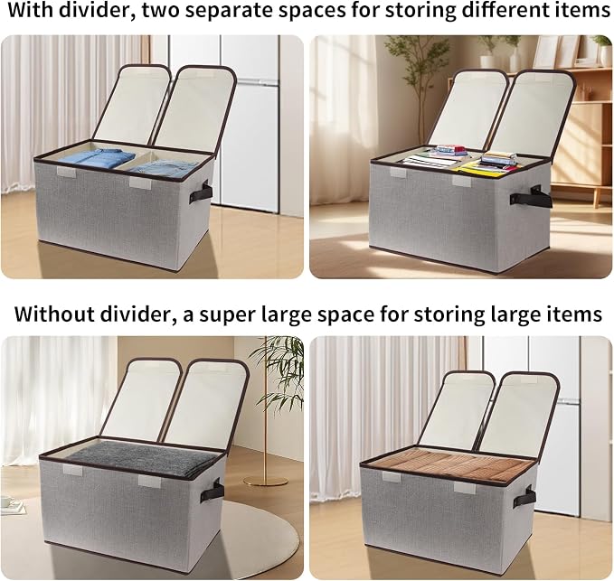Foldable Fabric Storage Box, 16.5 x 11.8 x 9.8 inches (L x W x H), with Double-Lid & Dividers, Large Organizer for Home, Closet, Office(Grey, 4 Packs)