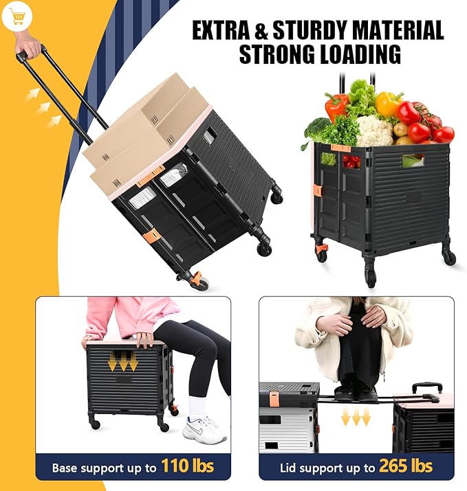 SELORSS Foldable Utility Cart Collapsible Crate Rolling Carts Handcart Trolley Tool Box Basket 4 360°Noiseless Wheels Lid Telescoping Handle for Shop Grocery Luggage Move Office School Teacher (Pink