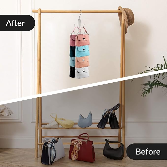 ZEDODIER 2 Pack Purse Organizer for Closet, Rotatable Purse Hanger Bag Holder, Max 16 Storage Capacity Backpack Rack, Metal Space Saving Hanger, Silver