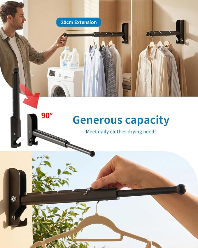 BaiNong Pull Out Wall Mounted Clothes Drying Rack Black 13" Foldable | Laundry and Drying Solutions for Small Spaces Easy to Install