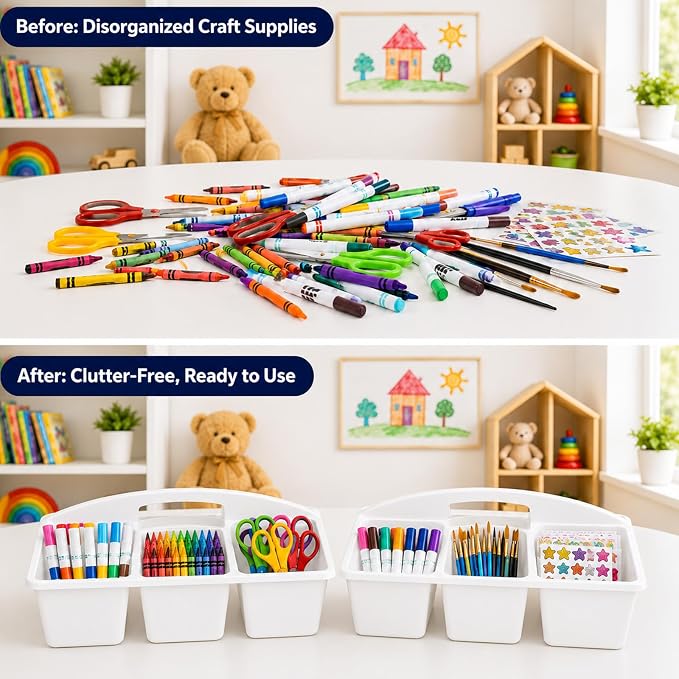 6 Pack Assorted Colors 6 Compartment Classroom Caddy with Handle Portable Plastic Storage Classroom Caddies Organizer for Classrooms Supply Teacher Office Table Desk(White)