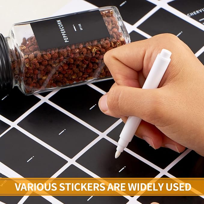 Skiileor 36 Pcs Spice Jars with Label- Glass Spice Jars with Black Metal Caps,Shaker Lids, Funnel, Chalk Pen, 4oz Seasoning Containers Bottles for Spice Rack, Cabinet, Drawer