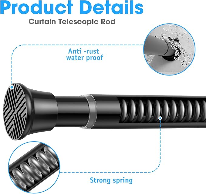 2Pack Black Tension Curtain Rods 31 to 62 Inch,Small Curtain Rods No Drilling,Short Tension Rod Adjustable Spring Curtain Rod for Windows,Door,Close,Pressure Rod