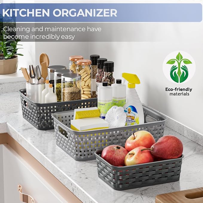 6 Pack Plastic Storage Baskets, Small Baskets for Organizing, Plastic Storage Bins Wicker Pantry Organizer Bins Household Toys for Laundry Room, Bedrooms, Kitchens, Cabinets, Countertops | Plastic, Storage Bins, Pantry Organizer Household Toys, for Lau...