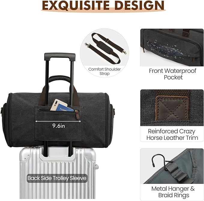 S-ZONE Carry On Garment Bag for Travel Convertible Garment Duffle Bag Suit Bags for Men Women Travel 2 in 1 Hanging Suitcase Business Travel Bag with Toiletry Bag, Black, 50l | 2-in-1 Hanging Suitcase, with Toiletry Bag, Wet/Dry Pockets, Shoe Compartme...