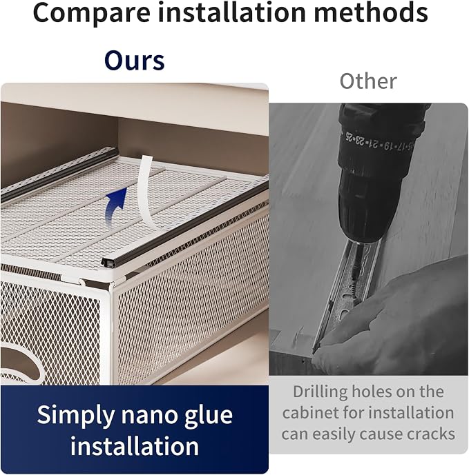 2 Pack Pull Out Cabinet Organizer, No Drill Adhesive Sliding Drawers for Kitchen, Metal Mesh Wire Storage Shelf for Pantry & Under Sink, White (9.6" W x 15.7" D x 3.9" H)